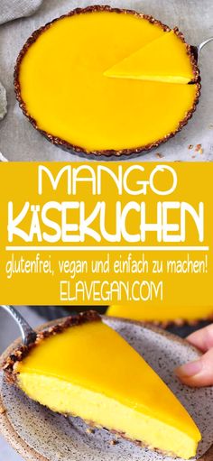 a person holding a piece of cheesecake with the title above it that reads homemade mango pie vegan, gluten - free and easy to make