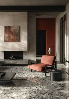 an elegant living room with marble floors and red walls, along with a modern fireplace