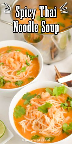 two white bowls filled with noodle soup and garnished with cilantro