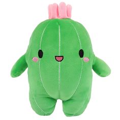 a green cactus stuffed animal with pink ears