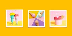 three pictures of ice cream in different shapes and sizes on a yellow background with the same color