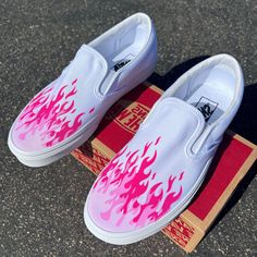 Why hello there! Thanks for checking out the shop! This listing is for one pair of authentic custom Flamin' Hot Vans as shown in the photos. Sizes that this listing includes is mens sizes 3.5-16. Womens sizes 5-12. When contacting me please note the following: -Shoe size (in a men's or women's) -Description of what you want on the shoes -Alterations of the shoe (Colors, Characters etc.) -Please refer to Vans.com for colors available Also note that the price listed DOES include the canvas sneaker as shown.  I custom paint every pair of shoes. I use canvas acrylic paint meant to bend with the fabric so no cracks, and the shoes are also protected with an acrylic paint sealer to last a life time! If you would like kids shoes with this design or a different type of shoe please let me know. (The Slip On Vans Custom, Pink Painted Shoes, Vans Shoes Custom Ideas, Painted Vans Slip On Diy, Custom Canvas Shoes, Hand Painted Shoes Ideas Easy, Vans Painting Ideas, Vans Shoes Painting, Painting Vans Ideas