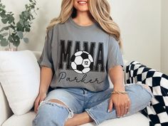 Celebrate your favorite soccer player with our custom soccer mama shirt, personalized with the player name. With short sleeves and a classic crewneck, this shirt makes the perfect gift for the soccer mom or mama who loves to show her support on game day at the soccer fields. COMFORT COLORS 1717 SHIRT: Unisex 100% US cotton - ethically grown and harvested Pre-Shrunk Fabric Relaxed Fit - Size up for a trendy oversized look Seamless Sides Double Needle Stitching Garment-dyed  CARE INSTRUCTIONS: Was Personalized Short Sleeve Tops For Game Day, Casual Personalized Tops For Game Day, Personalized Crew Neck T-shirt For Fans, Personalized Short Sleeve Tops For Sports Events, Sporty Personalized Short Sleeve Top, Personalized Crew Neck Tops For Fan Merchandise, Personalized Sporty Tops For Sports, Sporty Personalized Tops For Sports Events, Personalized Crew Neck Sports Top