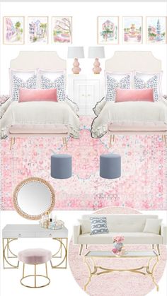 a bedroom with pink and white decor in the background, including a couch, coffee table,