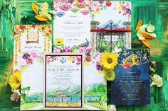 the wedding stationery is decorated with colorful flowers