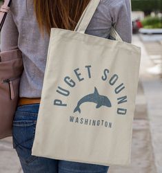 Puget Sound Washington Whale Tote Bag Gift by KidForLifeDesigns on Etsy Puget Sound Washington, Puget Sound, Killer Whales, Gifts For Nature Lovers, Cotton Bag, Canvas Material, Beach Day, Sew-in Labels, Washington