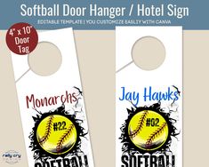 two door hangers with softball logos on them