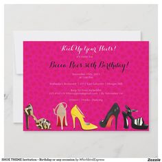 a pink birthday card with high heel shoes on it