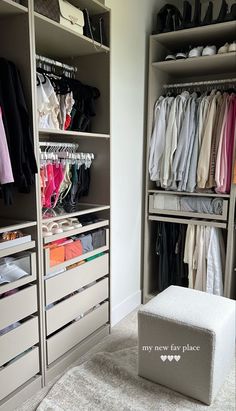 an organized closet with clothes, shoes and other items in it's storage area