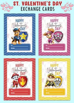 four valentine's day cards with cartoon characters