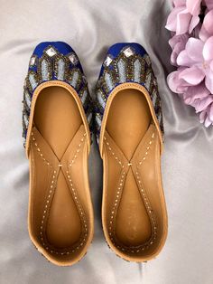 Blue Punjabi Jutti / Jooti with Pearls and Crystals Bride’s Wedding Shoes Various Sizes Available US Blue Punjabi Jutti, Mehendi Night, Hand Harness, Punjabi Jutti, Olden Days, Wedding Shoes Bride, Bangles Indian, Night Wedding, Stacked Bangles