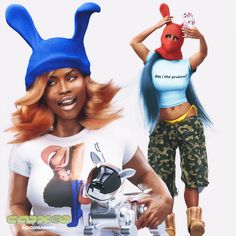 two women wearing bunny ears and t - shirts, one is holding a skateboard