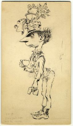 an ink drawing of a boy with a hat on his head and holding a cup