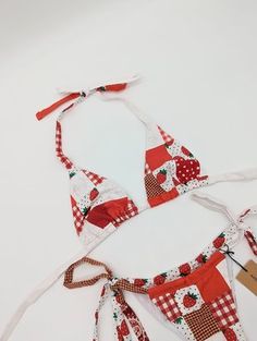 Strawberry Kini Top — A/A Fun Cotton Swimwear For Poolside, Fitted Summer Swimwear With Adjustable Ties, Fitted Swimwear With Adjustable Ties For Summer, Casual Swimwear With Drawstring Tie For Spring, Cute Bathing Suits, Handmade Clothes, A A, Quick Dry, Bathing Suits