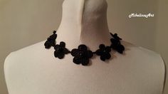 Crochet Necklace,Crochet Neck Accessory, Black, 100% Cotton. Handmade Black Flower Necklace, Black Crochet Bohemian Jewelry, Black Bohemian Crochet Jewelry, Black Flower Choker As A Gift, Black Flower Choker For Gifts, Black Bohemian Flower Necklace, Bohemian Black Flower Necklace, Black Flower Necklace For Party, Elegant Black Flower Necklace For Party