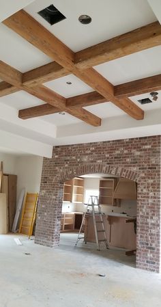 Farmhouse decor Wood Coffered Ceiling, Coffered Ceiling Design, Beams Living Room, Wooden Ceiling Design, Wooden Beams Ceiling, Reclaimed Wood Beams, Roof Ceiling, Interior Ceiling Design, Small Kitchen Layouts