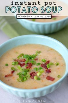 two bowls of soup with bacon and green onions