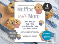 a flyer for a mother's day with muffins on the table next to it