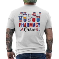 Shop Pharmacy Crew Cute Pills Fireworks Pharmacist 4th Of July Mens Back Print T Shirt. Available on many styles, sizes, and colors. Pharmacy Sublimation Designs, Pharmacy Halloween Shirts, Pharmacy Design Tshirt, Cool American Flag, American Day, Red Tee, Mens Back