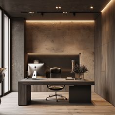 an office with a desk, chair and computer on the table in front of a large window