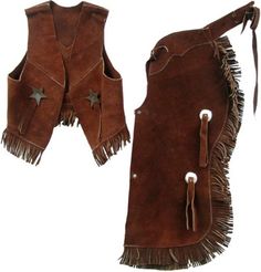 Child's Suede Leather Chap & Vest Set. Use a small adult leather vest or make my own. Kids Western Wear, Western Chaps, Western Room, 1st Rodeo, Cowboy Vest, Fringe Clothing, Western Vest, Cowboy Costume, Western Costumes