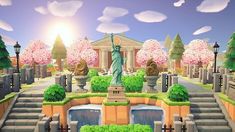 the statue of liberty stands in front of a beautiful landscape with flowers and trees around it