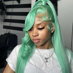 Green Hair Hairstyles, Mint Blue Wigs For Black Women, Color Side Part Wig, Mint Wigs For Black Women, Different Color Wigs Black Women, Different Wig Colors, 36 Inch Wig, Lace Wig Hairstyles, Pretty Wig