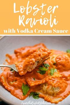 lobster ravioli with vodka cream sauce in a white bowl