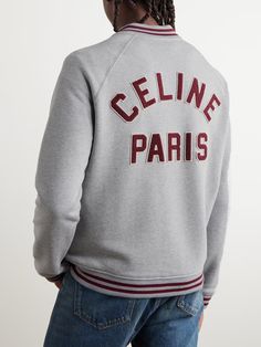 CELINE HOMME Logo-Appliquéd Cotton-Jersey Sweatshirt for Men | MR PORTER Varsity Jacket With Logo Detail, Fall Varsity Jacket With Logo For Streetwear, Fall Streetwear Varsity Jacket With Logo Detail, Winter Varsity Jacket With Logo Detail, Varsity Jacket With Logo Detail For Streetwear, Sporty Varsity Jacket With Logo Detail For Fall, Sporty Fall Varsity Jacket With Logo Detail, Casual Varsity Jacket With Logo And Baseball Collar, Sporty Long Sleeve Varsity Jacket With Logo