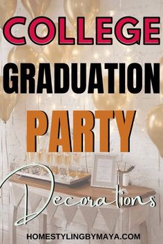 a graduation party with balloons and confetti on the table in front of it