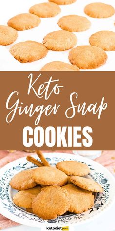 some cookies are on a plate with the words keto ginger snap cookies above it