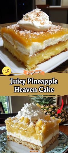 there are two pieces of pineapple heaven cake on the plate