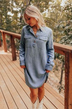 - Get dolled up in this cute denim mini dress! Its sweet, laid-back energy makes it the perfect addition to your everyday wardrobe. Style it with your favorite boots and a wide brimmed hat for an effortlessly charming look. - Unlined non-stretch denim - A button-down collared v-cut neckline - Functional chest pockets - Long sleeves with button closure cuffs - Hidden side pockets - A relaxed silhouette that ends in a curved, mini dress length hemline Trendy Light Wash Denim Dress For Fall, Light Wash Chambray Denim Dress For Fall, Light Wash Denim Mini Dress With Pockets, Chic Light Wash Relaxed Fit Denim Dress, Light Wash Chambray Denim Dress For Day Out, Relaxed Fit Light Wash Denim Dress For Fall, Light Wash Chambray Dress For Day Out, Washed Blue Chambray Denim Dress For Day Out, Fall Denim Washed Dress