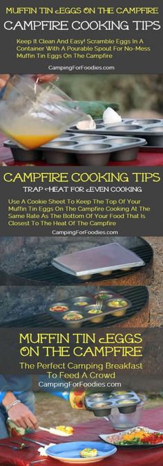 an advertisement for campfire cooking tips with images of food on the table and in front