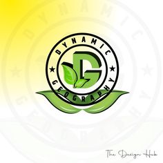 logo design for organic company with green leaves and letter g in center on yellow background