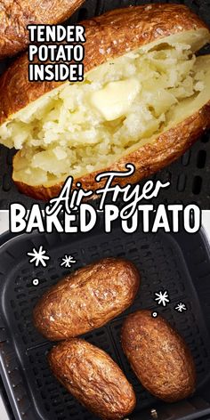 an air fryer with baked potatoes in it and the words, tender potato inside