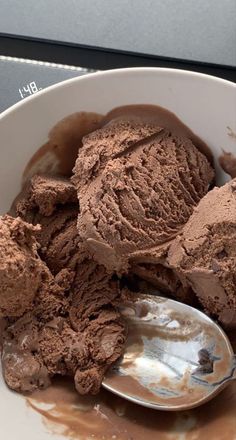 chocolate ice cream in a bowl with spoon