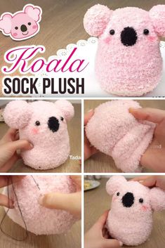 the instructions for how to make a stuffed koala bear plush toy that is pink and black