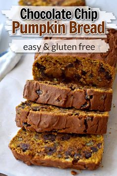 chocolate chip pumpkin bread is cut into slices and stacked on top of each other with text overlay