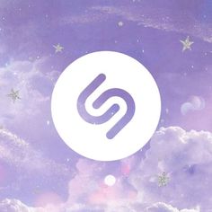 an image of a white circle with stars in the sky and clouds around it on a purple background