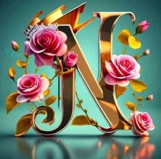 the letter n is surrounded by pink roses and gold leaves on a blue background with reflection