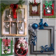 christmas decorations and ornaments are displayed in different frames with ribbons, bows, ornaments