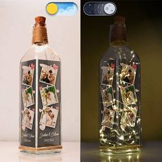 a bottle that has pictures on it and lights in the bottom, along with an instagram photo inside