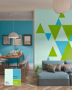 Inspiración wall decor pintura pared de interiores con  patrones geométricos, pinturas comex. Study Rooms, Study Room, Wall Design, Contemporary Rug, Architecture, Wall, Color, Home Decor