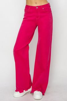 Wide leg hot pink denim Rise 10.5" Inseam 27" in size 3 98% COTTON, 2% SPANDEX Hot Pink Pants, High Rise Wide Leg Jeans, Pink Denim, Denim Collection, Active Wear Leggings, Skirt Leggings, Wide Leg Denim, Plus Size Tops, Wide Leg Jeans