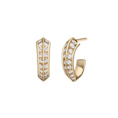 You'll reach for these hoops again and again. Our signature Eva style finds a home on your ears with these knife-edged hoops. Perfect for everyday wear by themselves or paired with other earring silhouettes in multiple piercings. With a butterfly fastening for pierced ears Available in yellow, rose or white gold Diamonds cover 3/4 of hoop, wrapping around the bottom Diamond carat weight: 0.6 13mm outer diameter Availability: Yellow, Rose & White Gold in stock. Everyday Diamond Earrings, Selin Kent, Jewellery Advertising, Art Jewelry Design, Cognac Diamonds, Engagement Rings Vintage Halo, Diamond Necklace Designs, Mini Earrings, Classy Jewelry