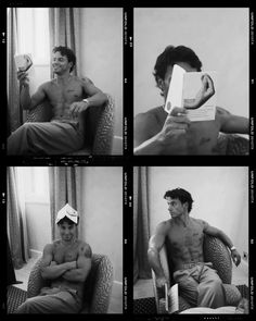 four pictures of a man sitting in a chair with his shirt off and holding a book