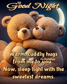 two teddy bears hugging each other with the caption good night warm cuddle hugs from me to you now, sleep tight with the sweetest dreams