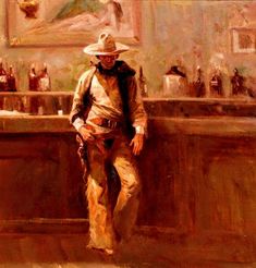 a painting of a man with a cowboy hat and cane walking in front of a bar