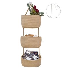 three tiered basket with magazines and flowers